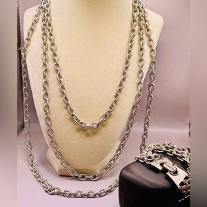 Triple layered textured silver large Rolo cable chain link necklace & bracelet.